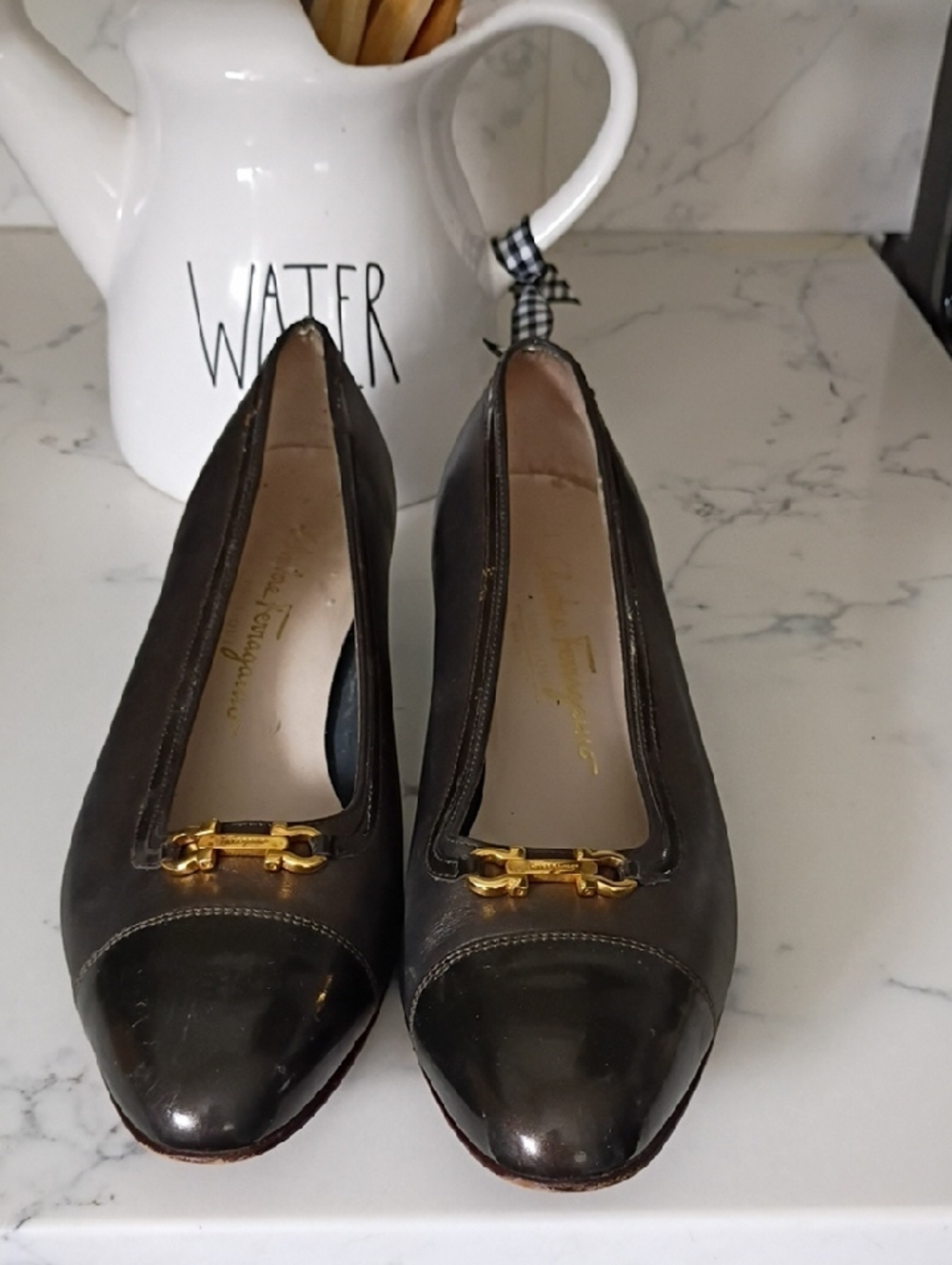 Salvatore Ferragamo Brown Leather Pumps with Gold Hardware